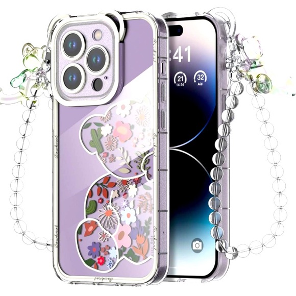 A1Case Other - NEW🔥A1Case iPhone 14 Pro Protective Trendy Bear/Floral Clear With Wrist Strap